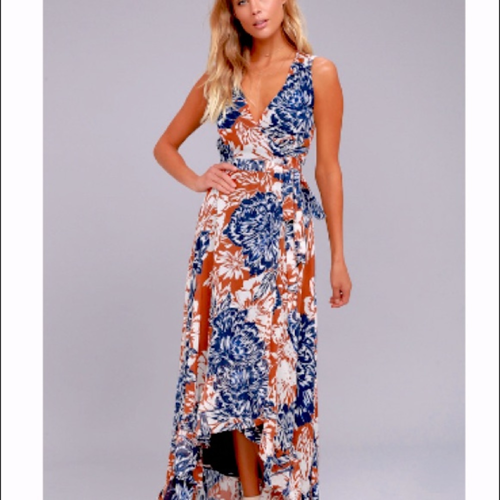 Lulu’s “DesertTrip” RustOrange High-Low Wrap Dress